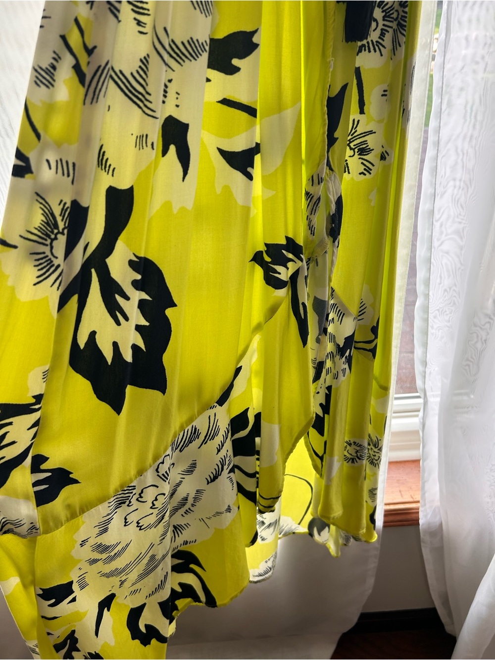 Maje Neon Yellow Floral High-Low Wrap Dress